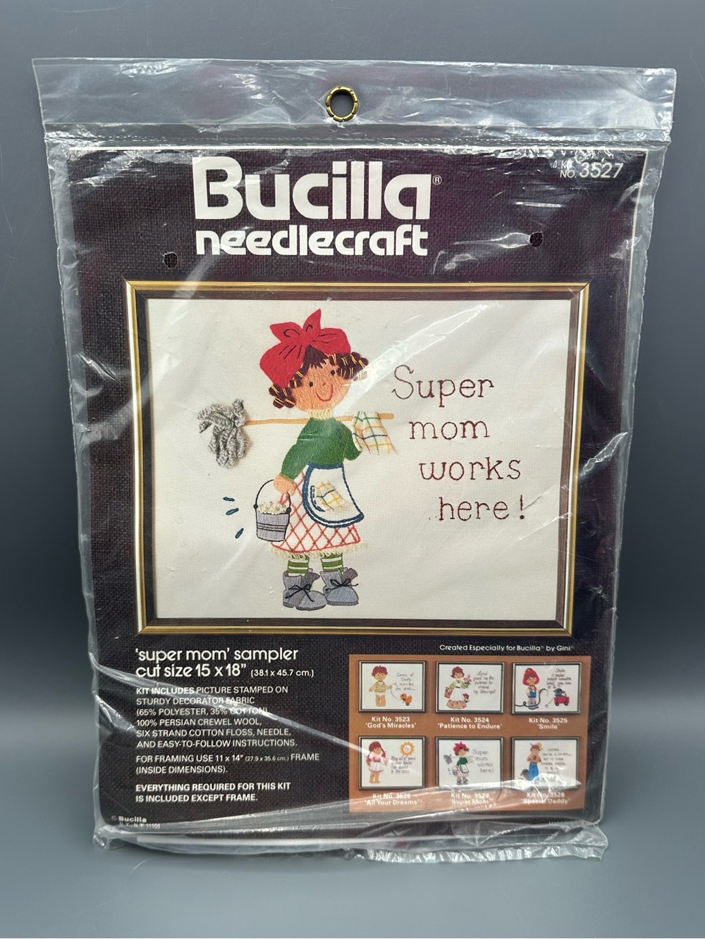 VTG New Sealed Bucilla "Super Mom Works Here!" Needlepoint Kit By Gini 15x18"